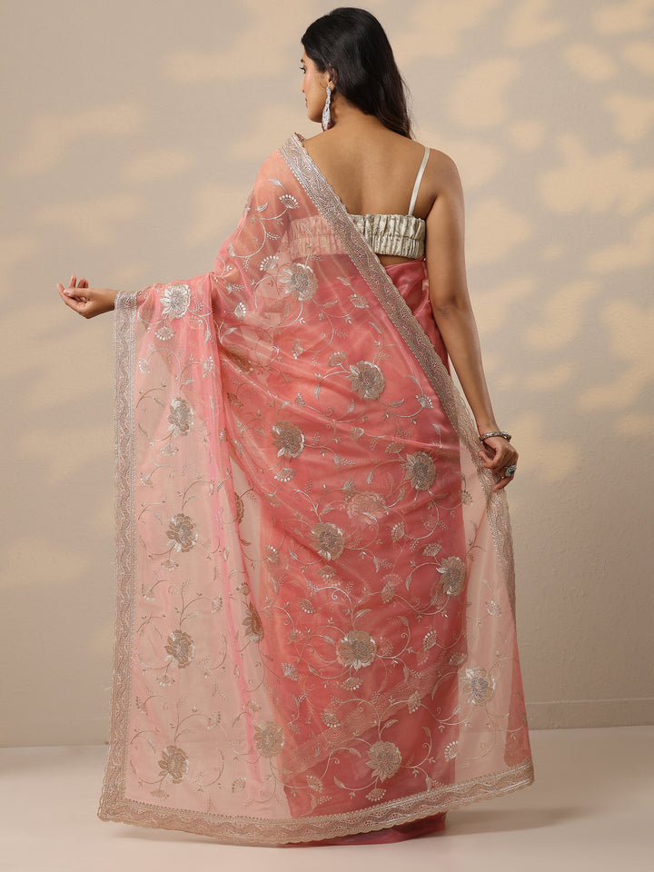Coral Embroidered Nylon Sarees With Unstitched Blouse Piece