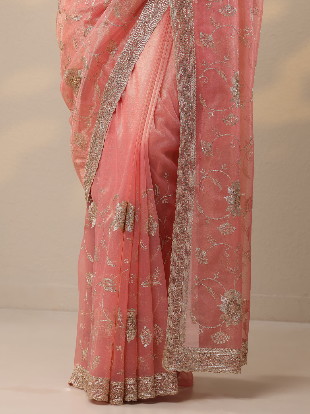 Coral Embroidered Nylon Sarees With Unstitched Blouse Piece