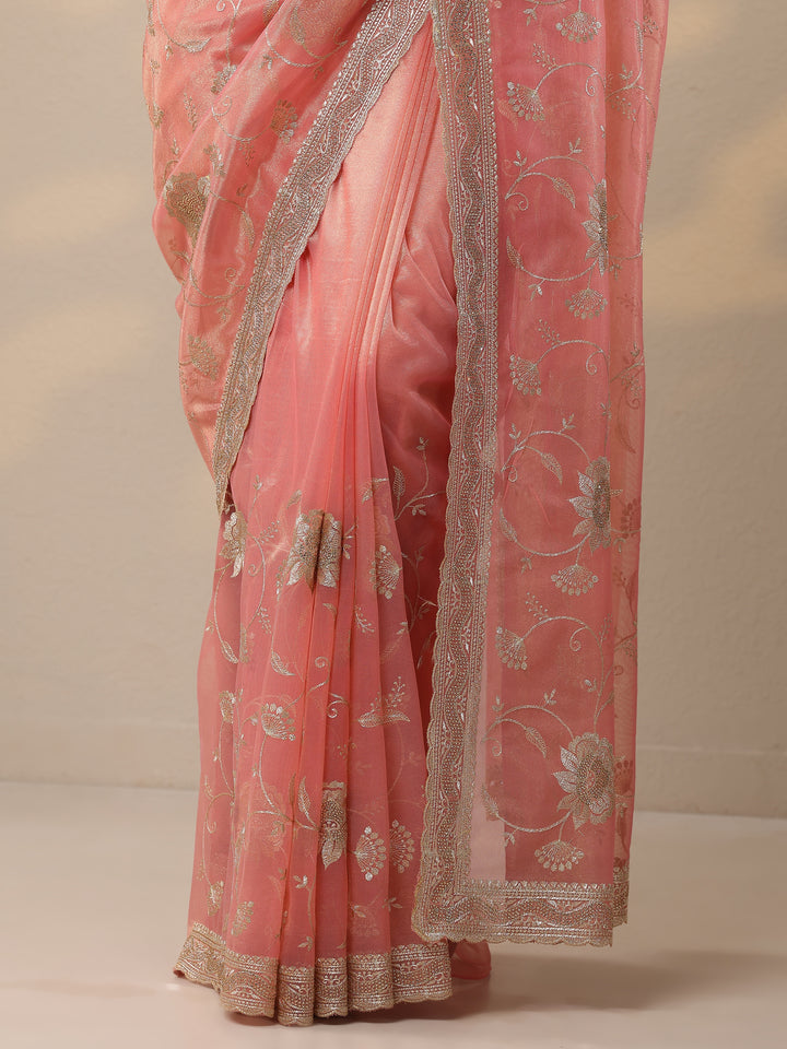 Coral Embroidered Nylon Sarees With Unstitched Blouse Piece