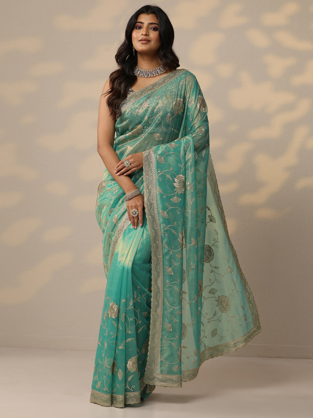 Green Embroidered Nylon Sarees With Unstitched Blouse Piece