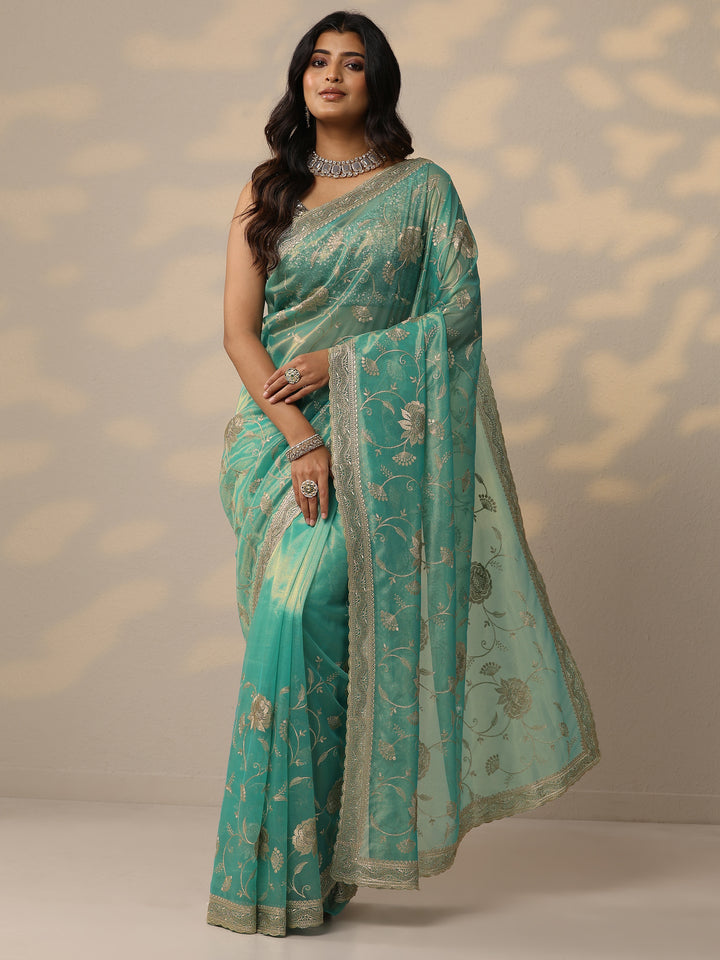 Green Embroidered Nylon Sarees With Unstitched Blouse Piece