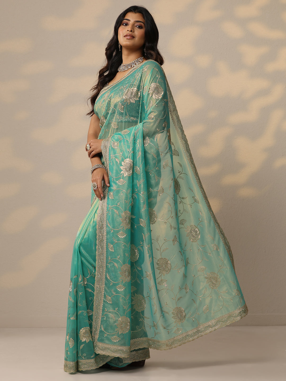 Green Embroidered Nylon Sarees With Unstitched Blouse Piece