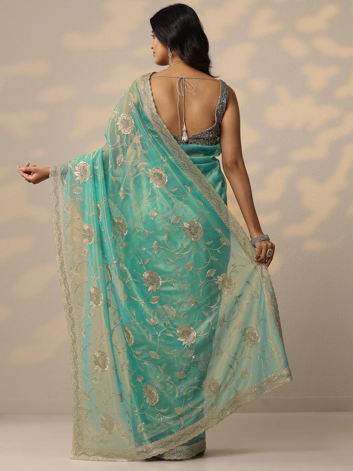 Green Embroidered Nylon Sarees With Unstitched Blouse Piece