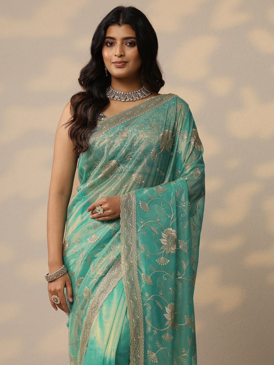 Green Embroidered Nylon Sarees With Unstitched Blouse Piece