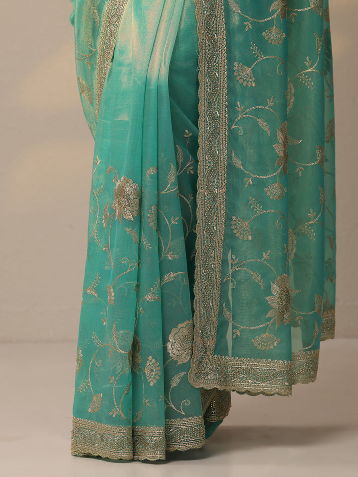 Green Embroidered Nylon Sarees With Unstitched Blouse Piece