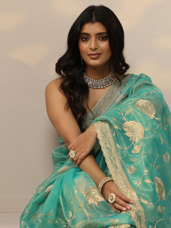 Green Embroidered Nylon Sarees With Unstitched Blouse Piece