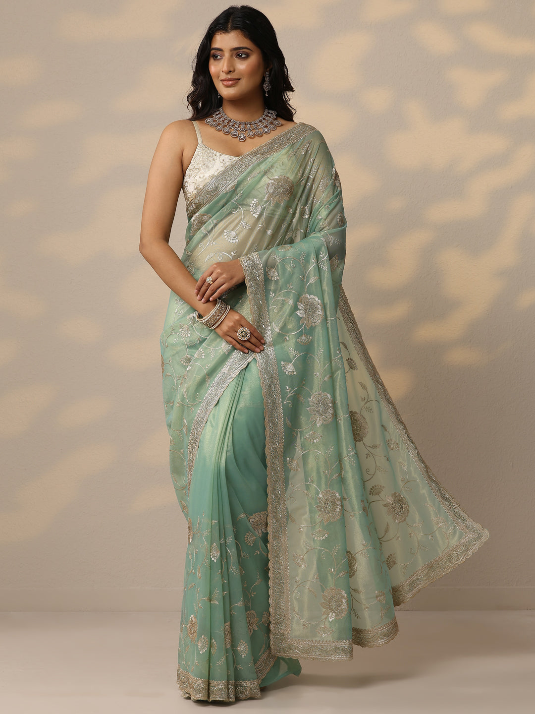 Green Embroidered Nylon Sarees With Unstitched Blouse Piece