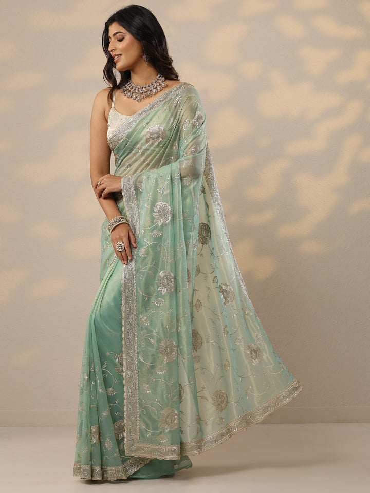 Green Embroidered Nylon Sarees With Unstitched Blouse Piece