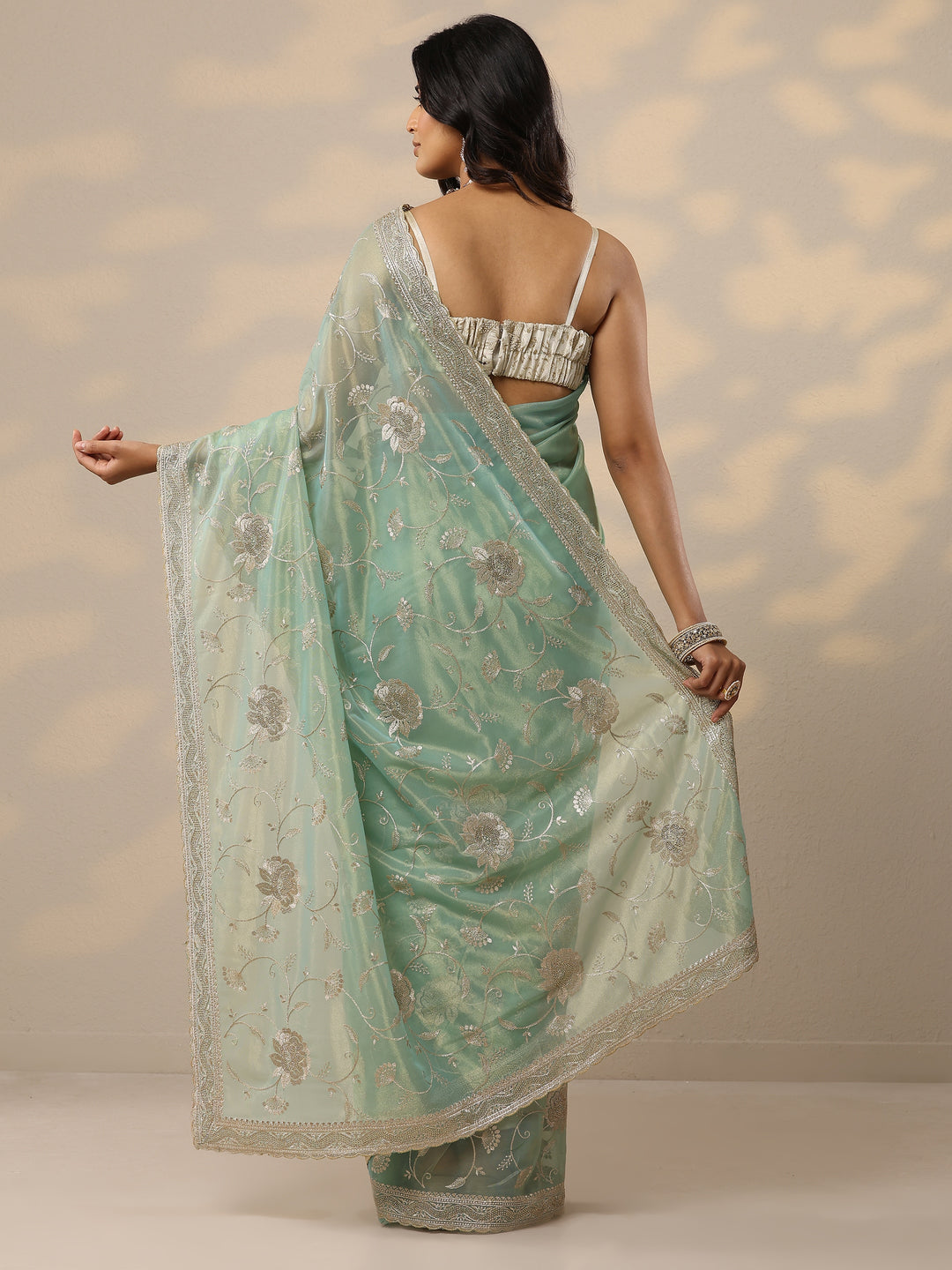 Green Embroidered Nylon Sarees With Unstitched Blouse Piece