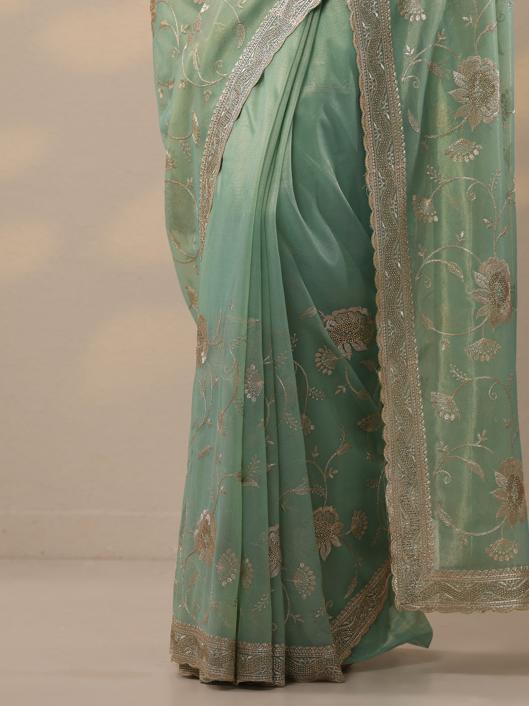 Green Embroidered Nylon Sarees With Unstitched Blouse Piece