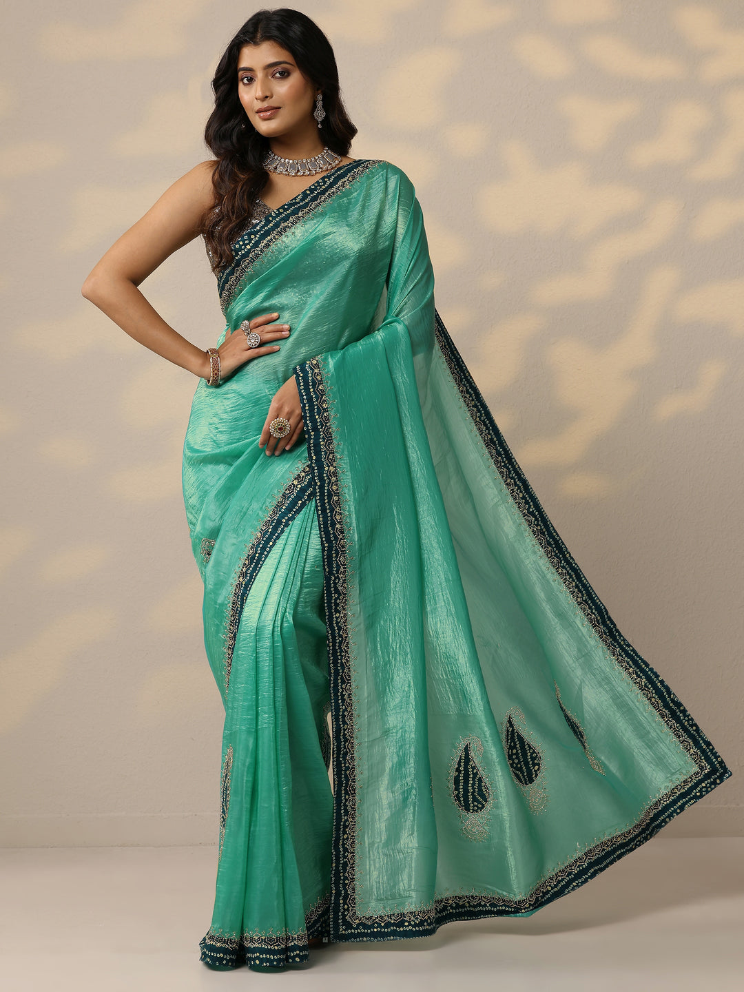 Green Embellished Organza Sarees With Unstitched Blouse Piece