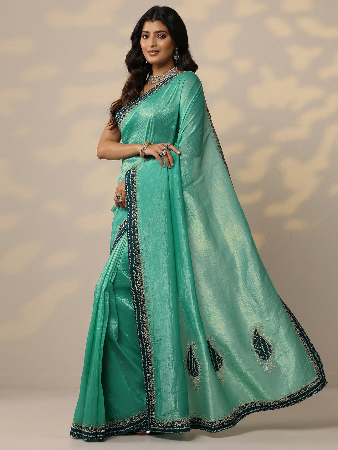 Green Embellished Organza Sarees With Unstitched Blouse Piece