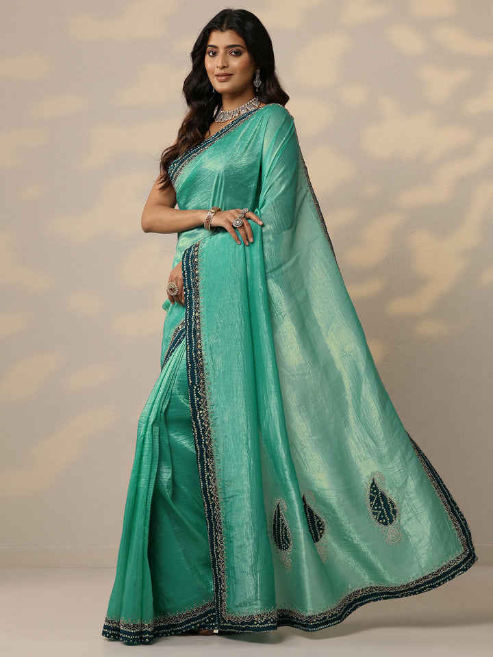 Green Embellished Organza Sarees With Unstitched Blouse Piece