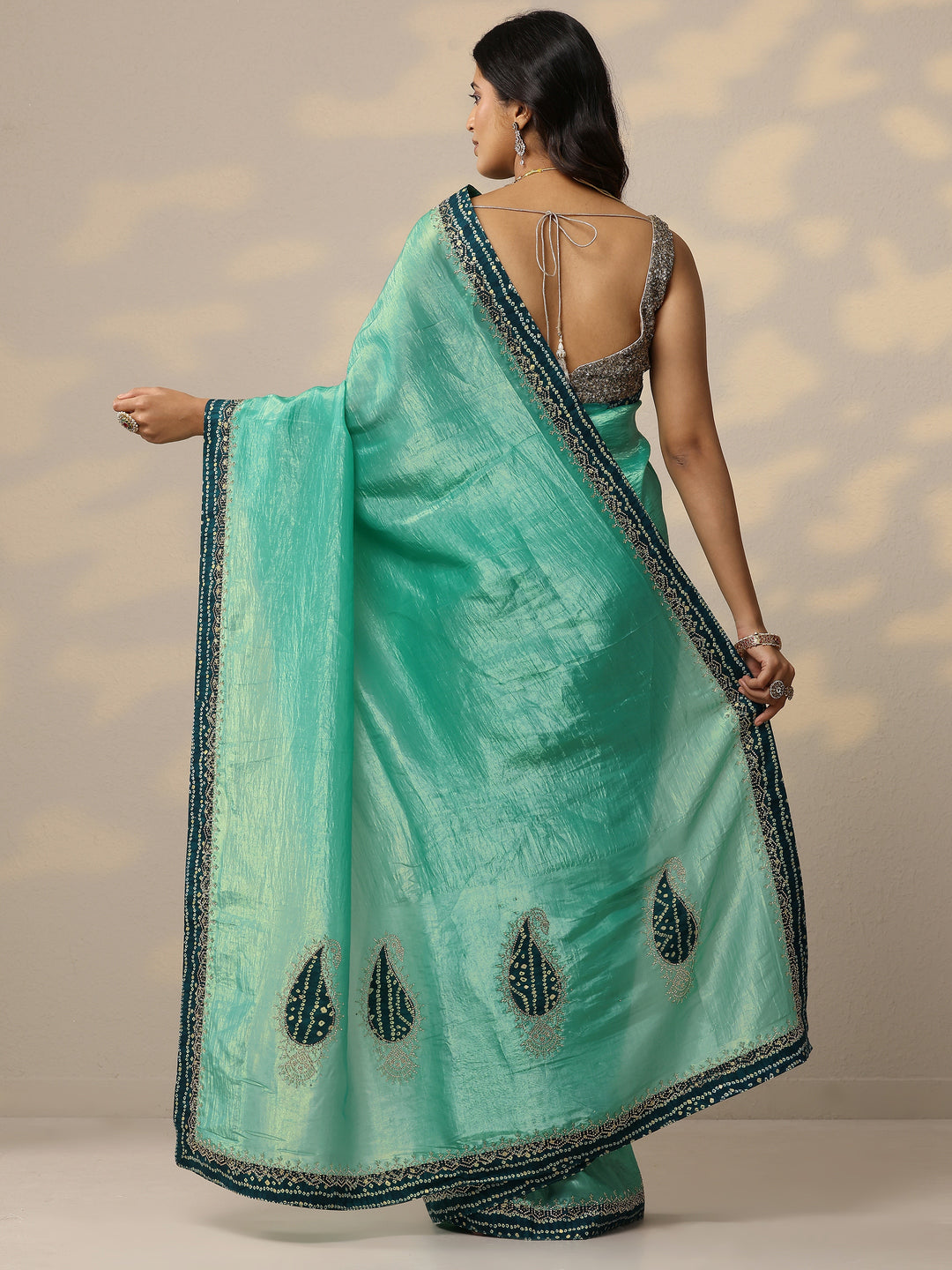Green Embellished Organza Sarees With Unstitched Blouse Piece