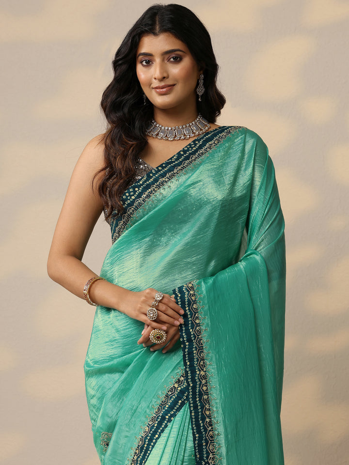 Green Embellished Organza Sarees With Unstitched Blouse Piece