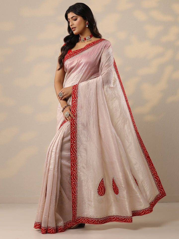 Pink Embellished Organza Sarees With Unstitched Blouse Piece