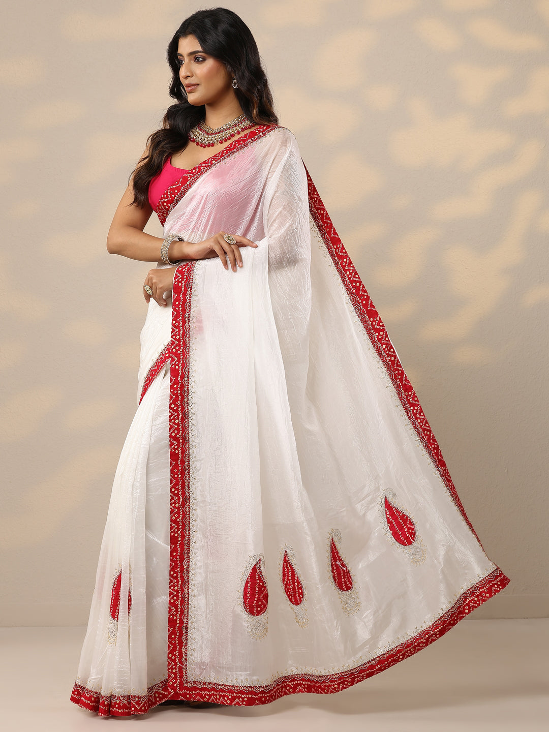 Cream Embellished Organza Sarees With Unstitched Blouse Piece