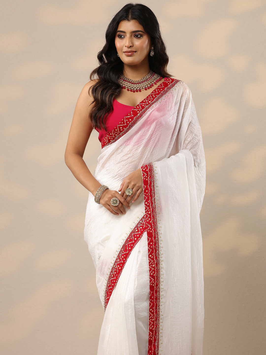 Cream Embellished Organza Sarees With Unstitched Blouse Piece