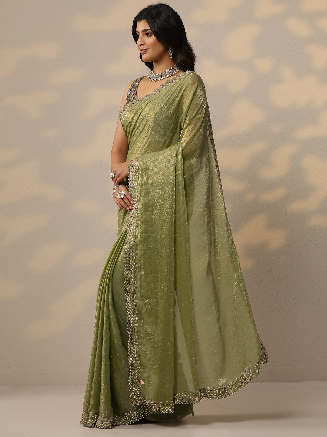 Green Embellished Chiffon Sarees With Unstitched Blouse Piece