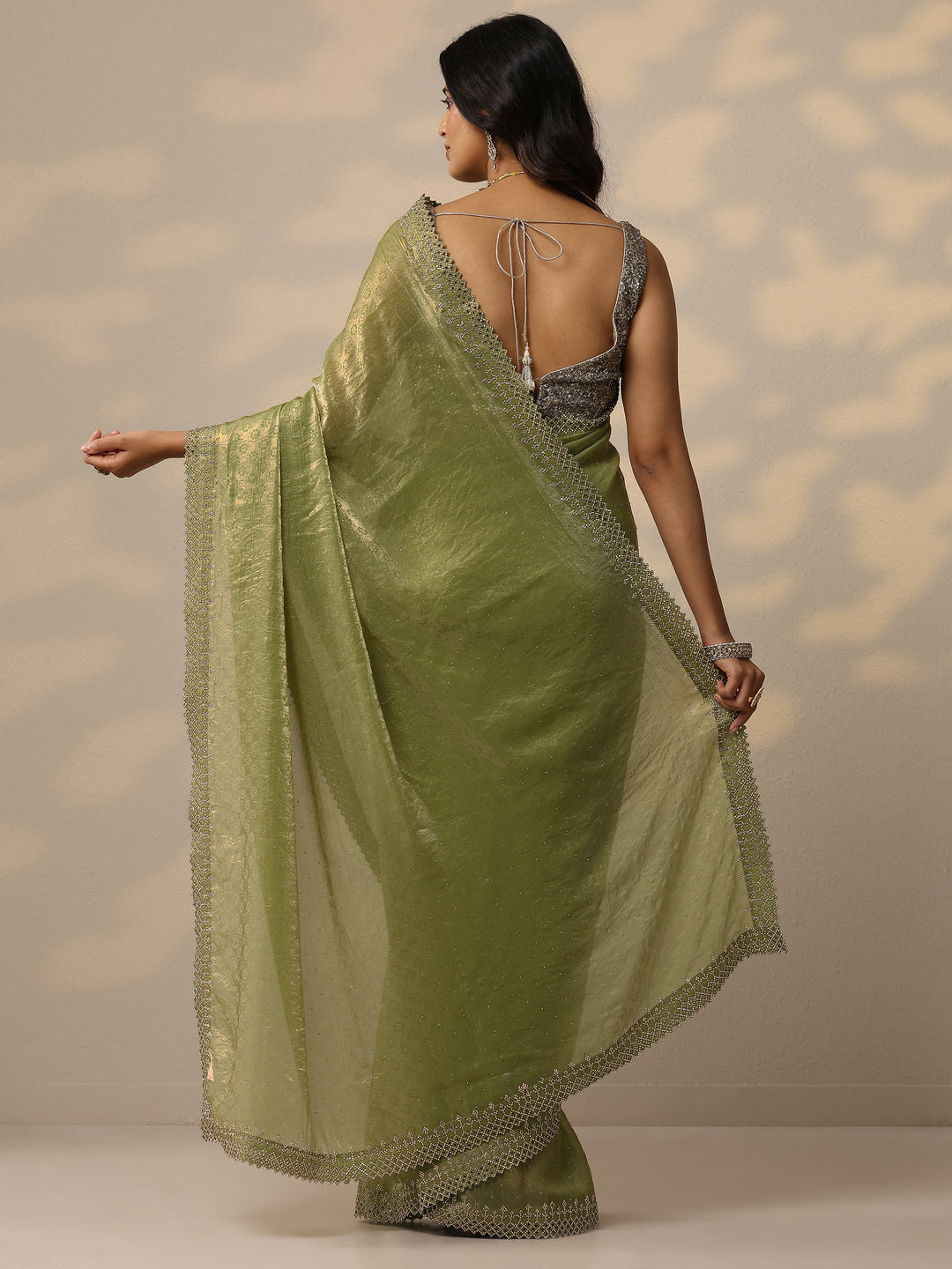Green Embellished Chiffon Sarees With Unstitched Blouse Piece