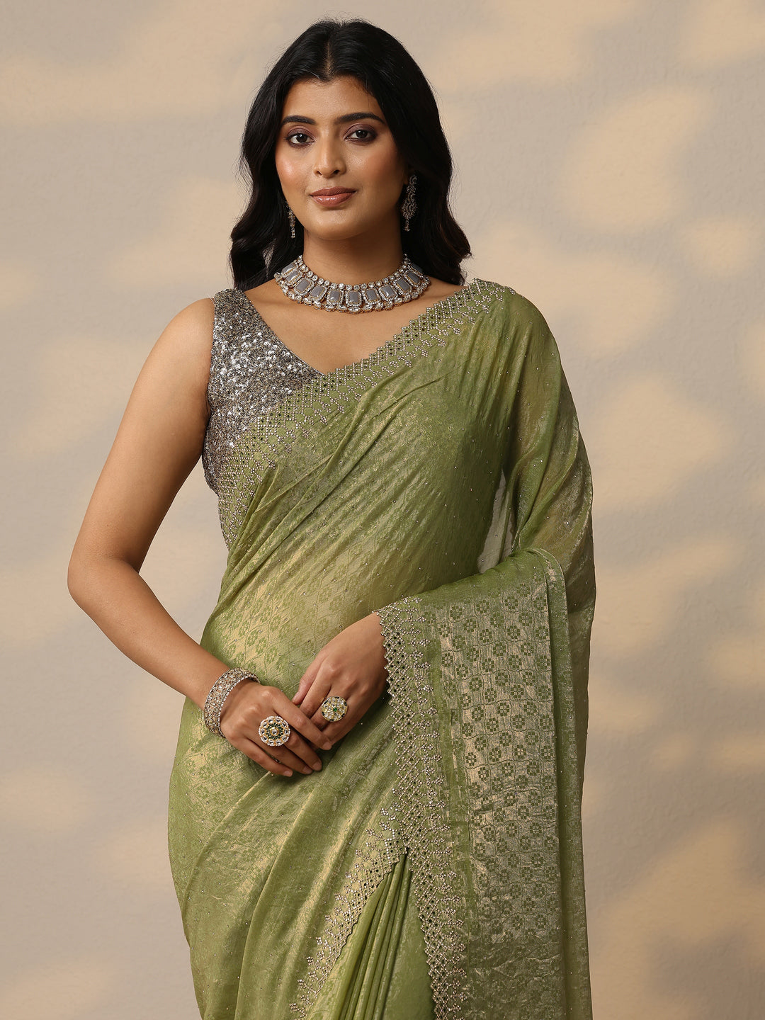 Green Embellished Chiffon Sarees With Unstitched Blouse Piece
