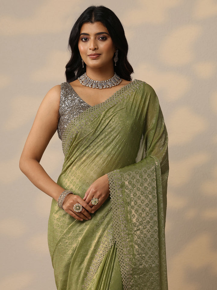Green Embellished Chiffon Sarees With Unstitched Blouse Piece