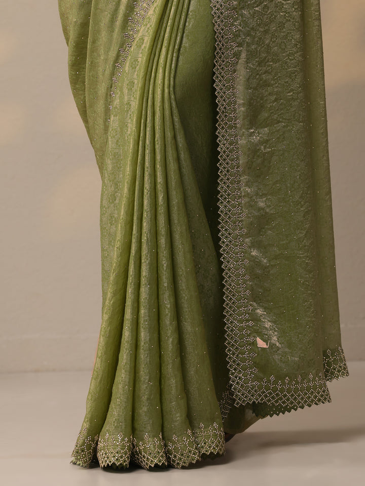 Green Embellished Chiffon Sarees With Unstitched Blouse Piece