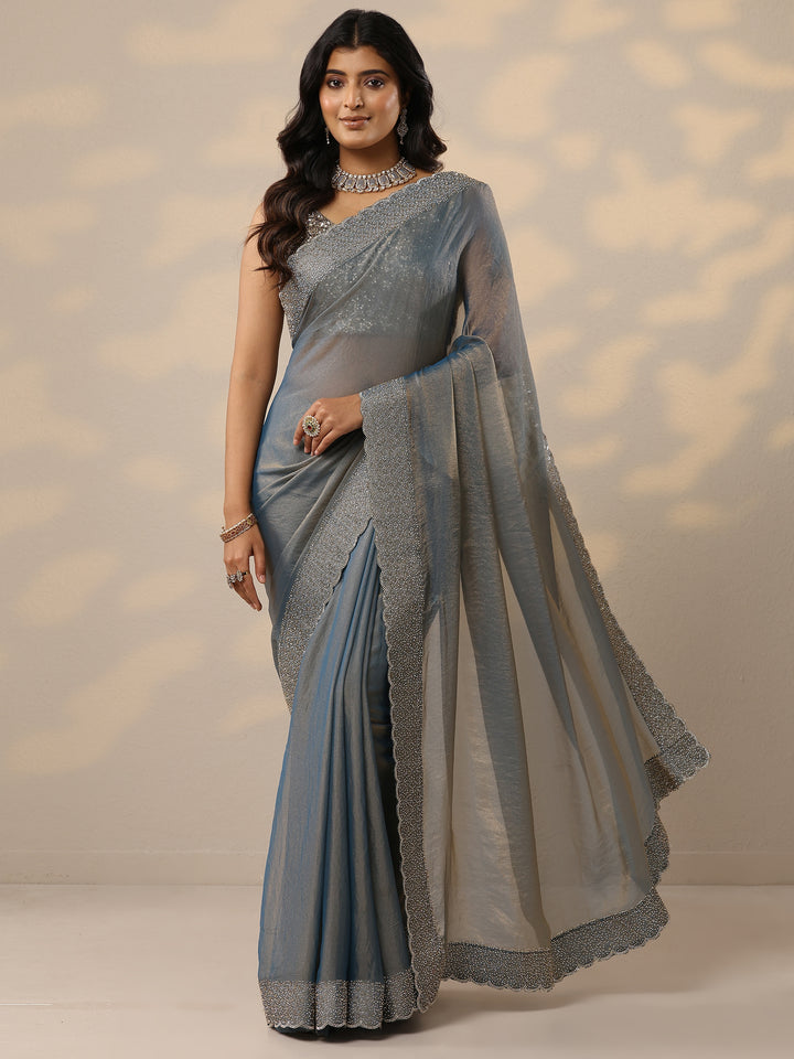 Blue Embellished Organza Sarees With Unstitched Blouse Piece