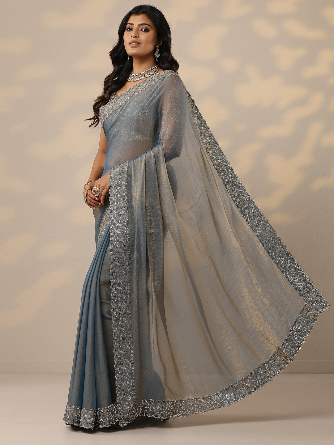 Blue Embellished Organza Sarees With Unstitched Blouse Piece