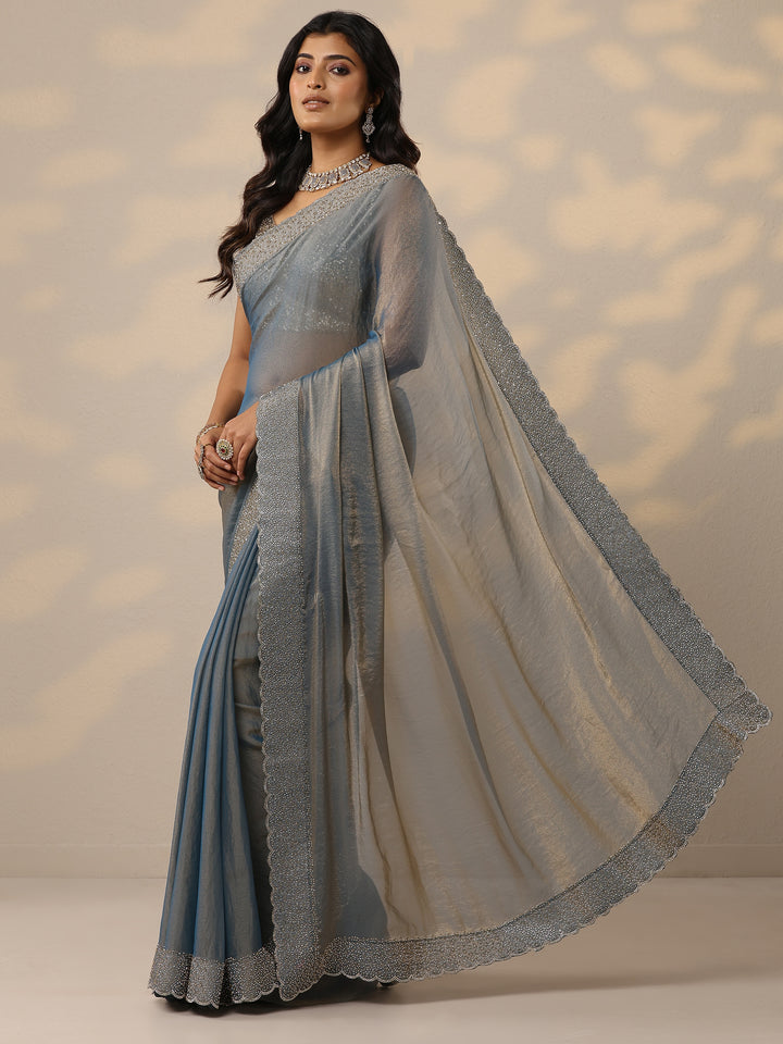 Blue Embellished Organza Sarees With Unstitched Blouse Piece