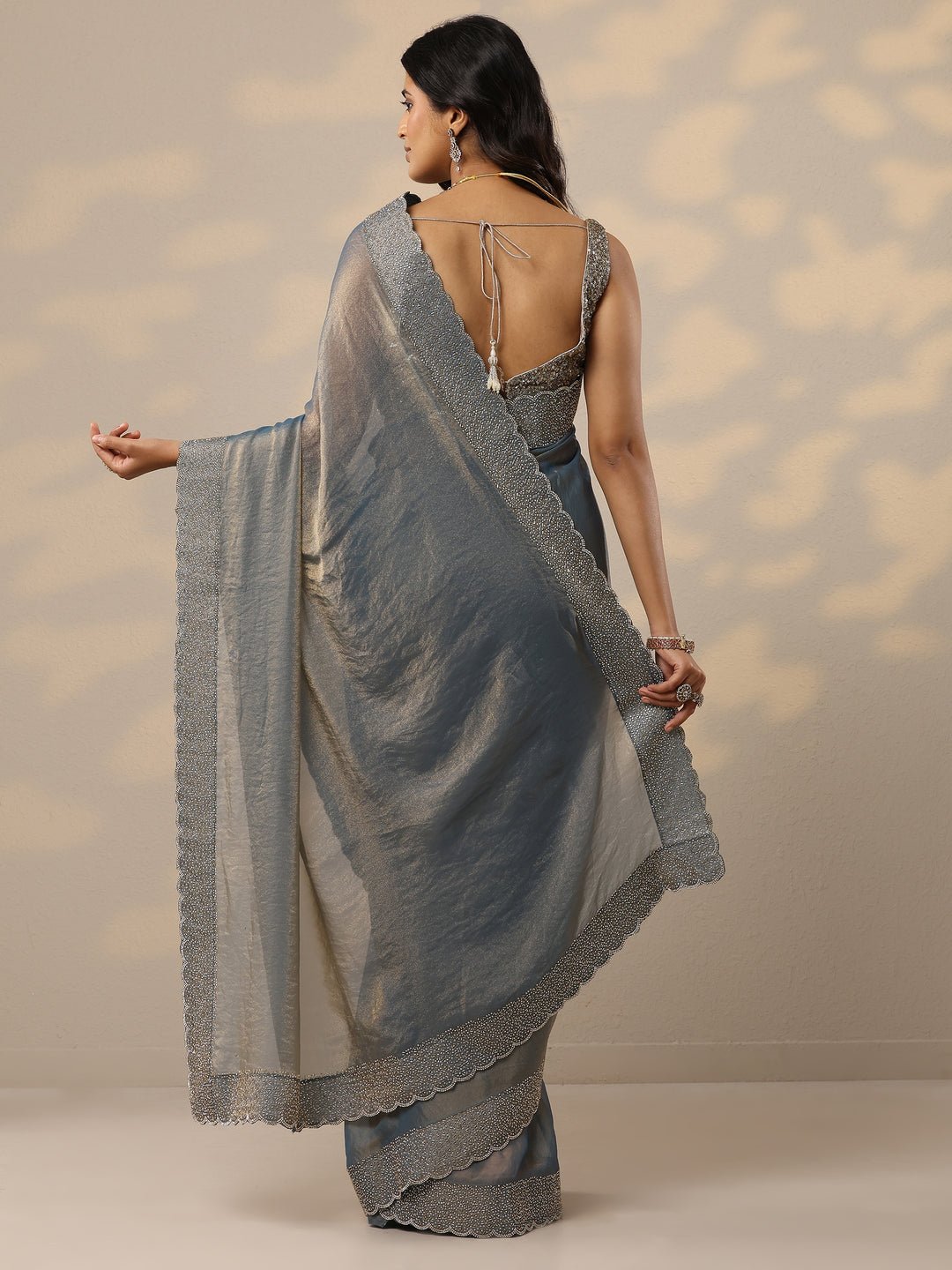 Blue Embellished Organza Sarees With Unstitched Blouse Piece