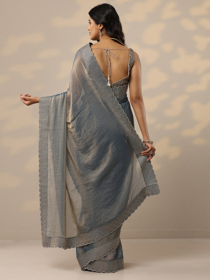 Blue Embellished Organza Sarees With Unstitched Blouse Piece