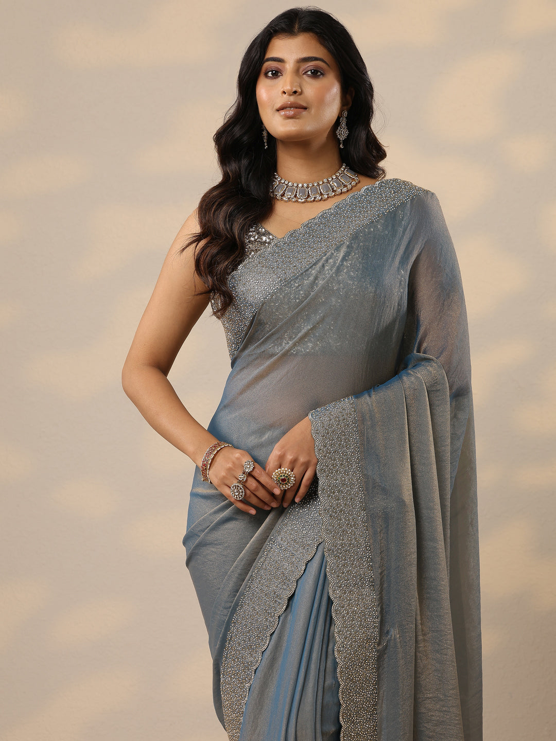 Blue Embellished Organza Sarees With Unstitched Blouse Piece
