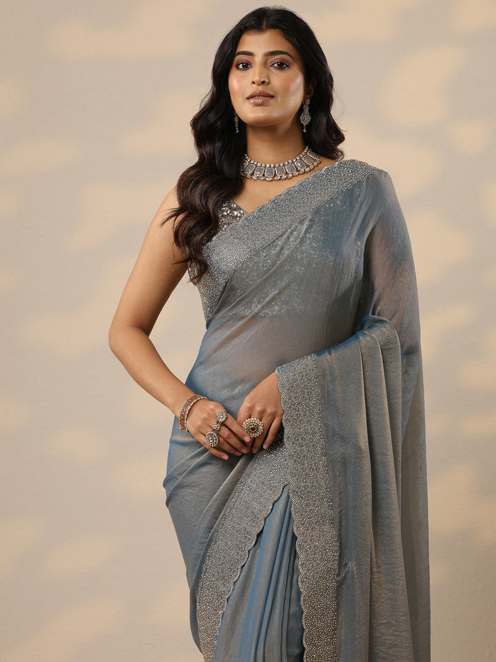 Blue Embellished Organza Sarees With Unstitched Blouse Piece