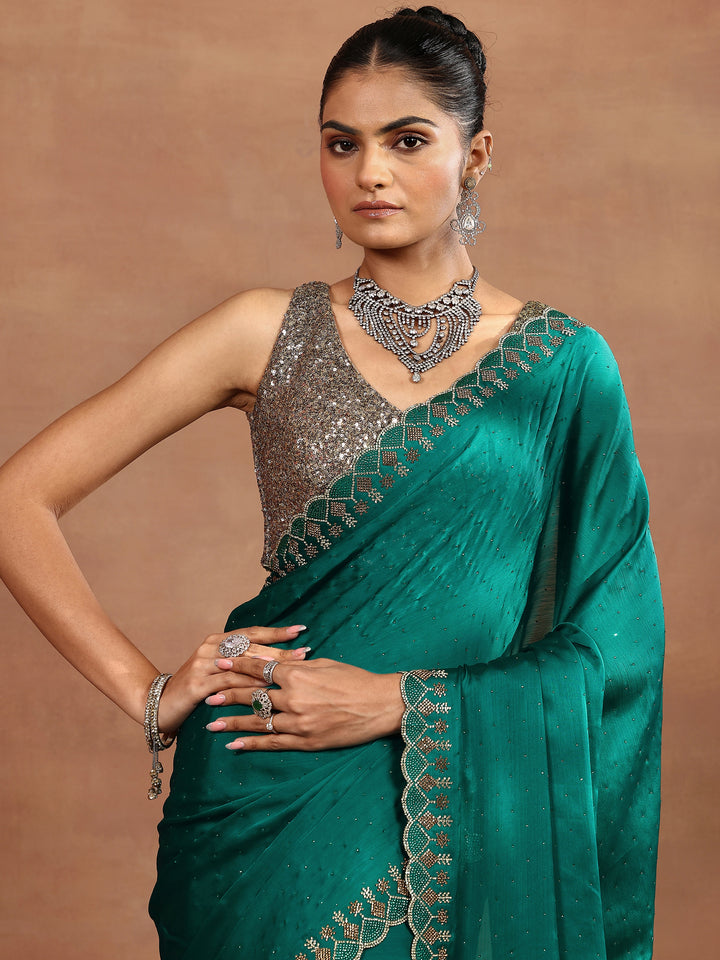 Green Embellished Silk Blend Sarees With Unstitched Blouse Piece