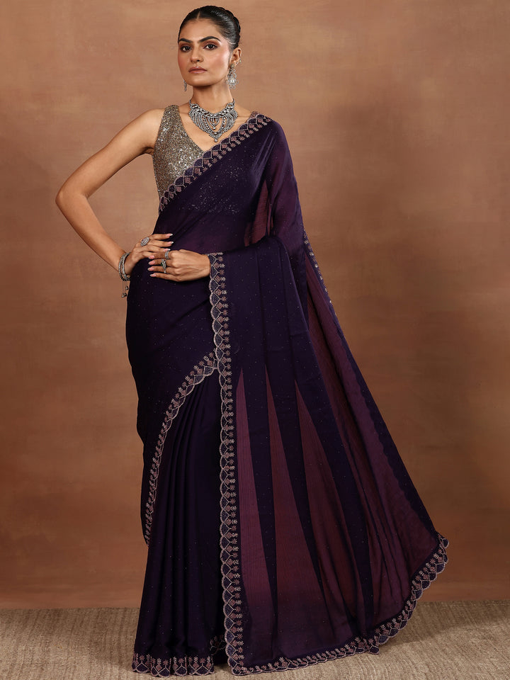 Purple Embellished Silk Blend Sarees With Unstitched Blouse Piece