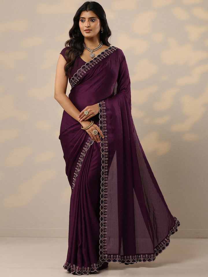Burgundy Embellished Silk Blend Sarees With Unstitched Blouse Piece