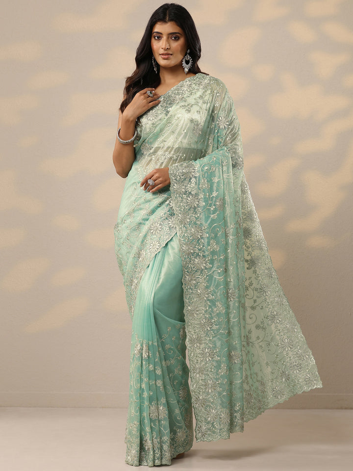 Green Embroidered Nylon Sarees With Unstitched Blouse Piece