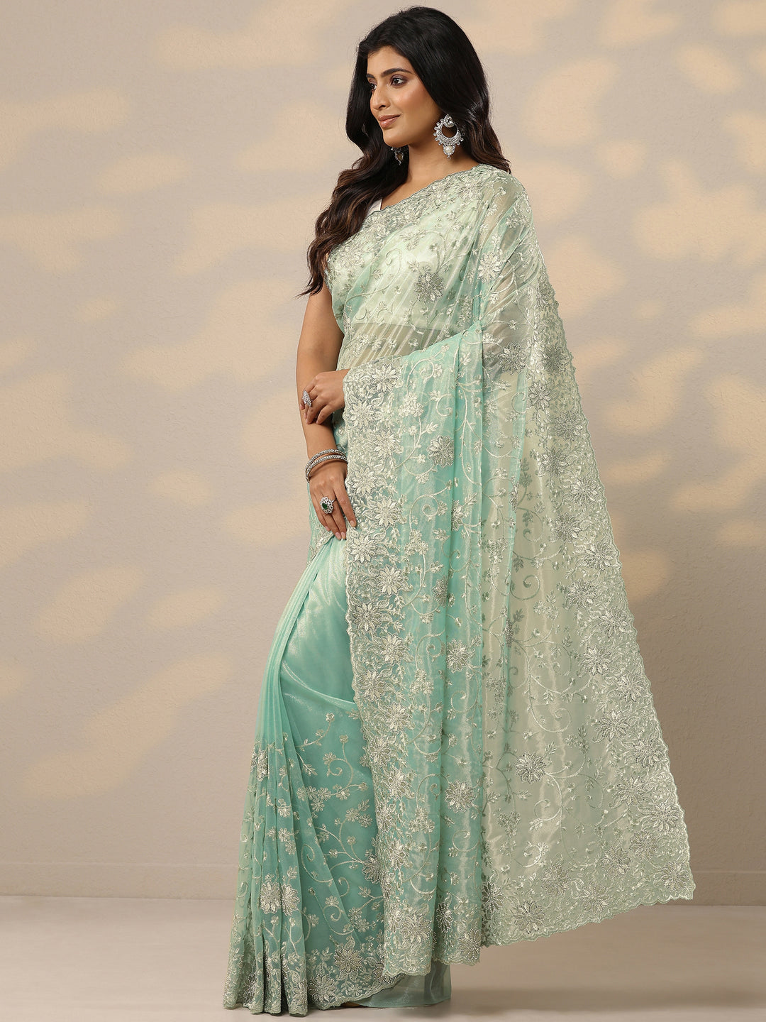 Green Embroidered Nylon Sarees With Unstitched Blouse Piece