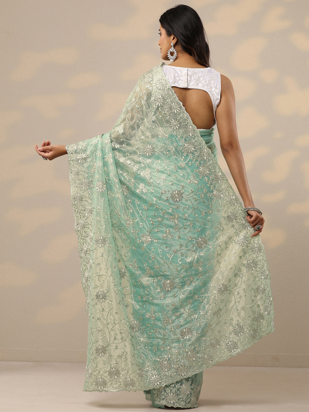 Green Embroidered Nylon Sarees With Unstitched Blouse Piece