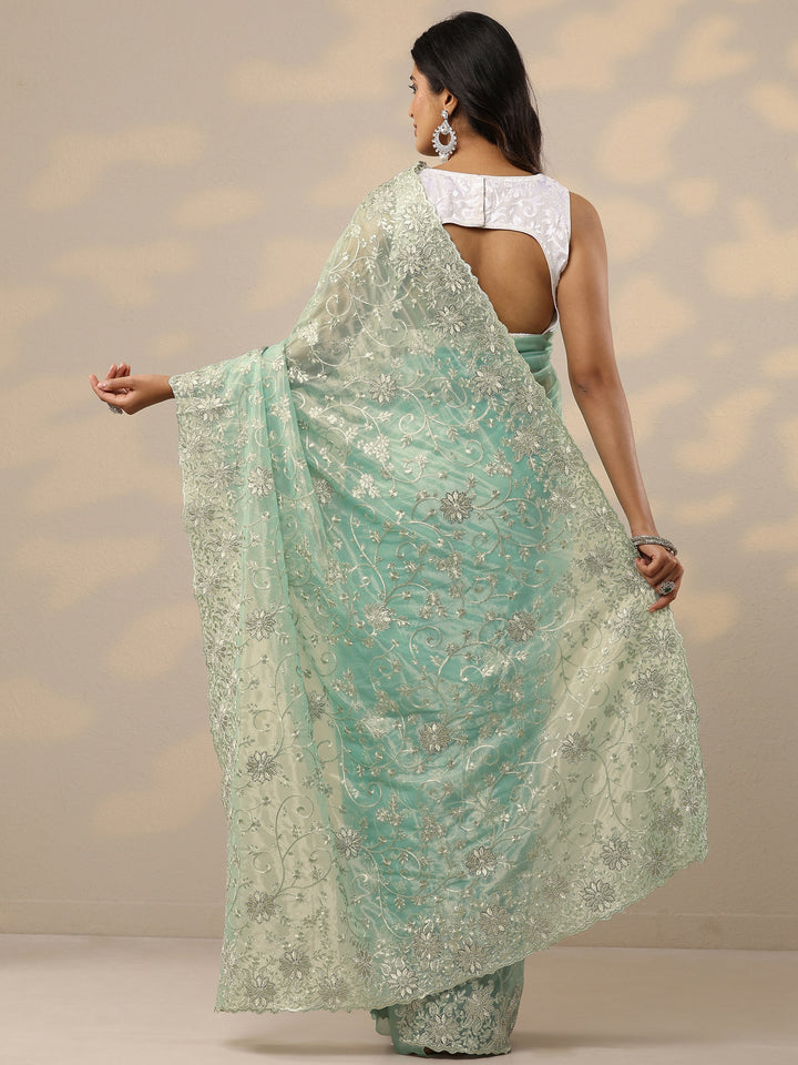 Green Embroidered Nylon Sarees With Unstitched Blouse Piece