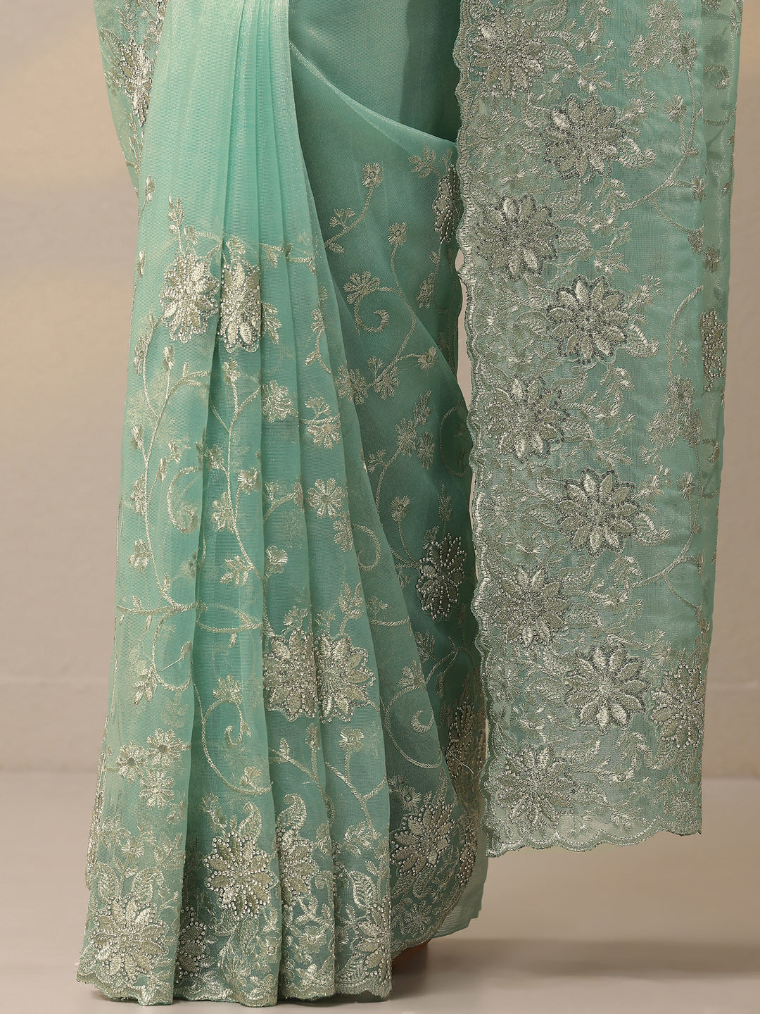 Green Embroidered Nylon Sarees With Unstitched Blouse Piece