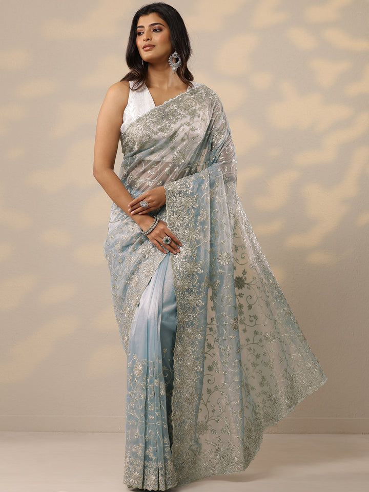 Blue Embroidered Nylon Sarees With Unstitched Blouse Piece
