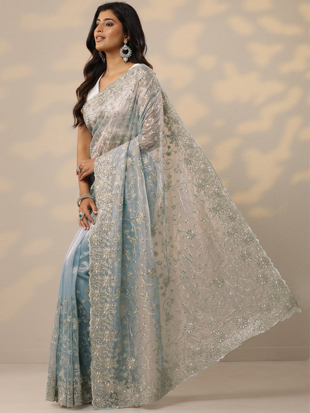 Blue Embroidered Nylon Sarees With Unstitched Blouse Piece