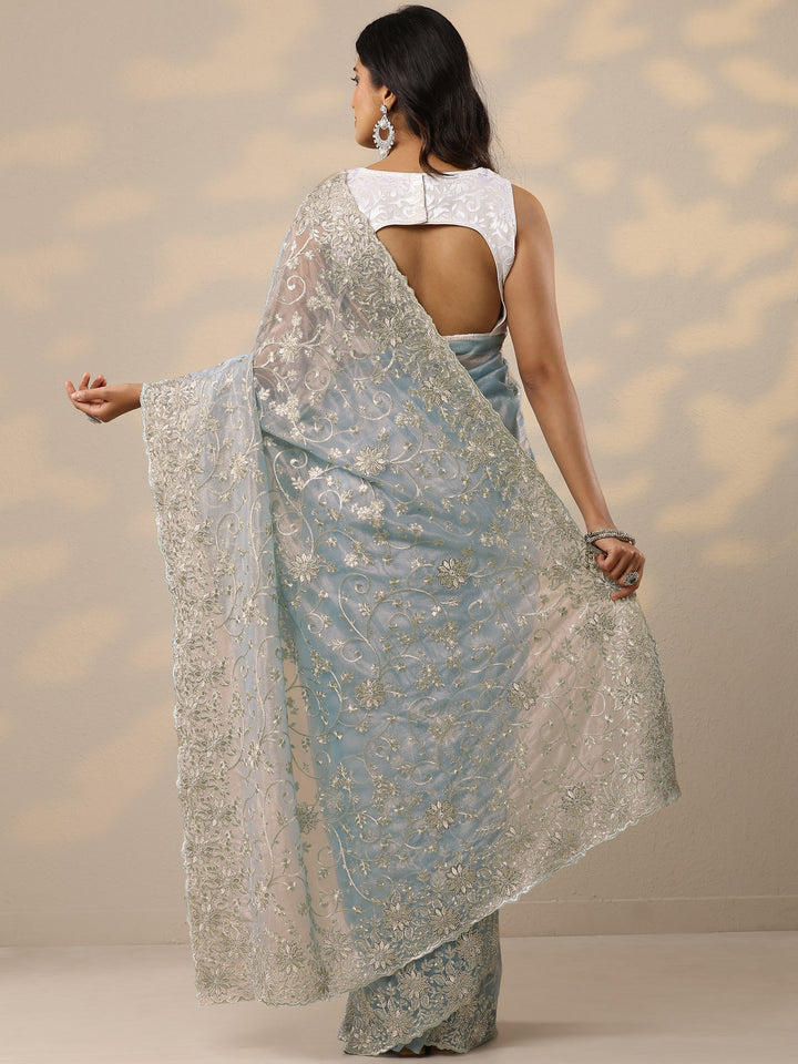 Blue Embroidered Nylon Sarees With Unstitched Blouse Piece