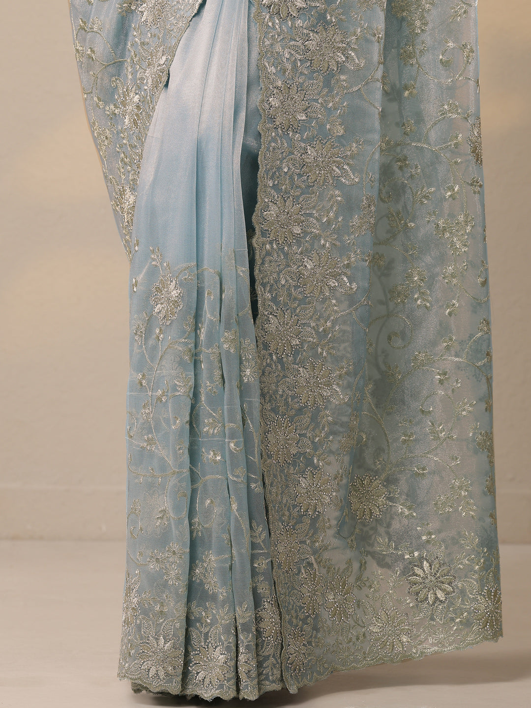 Blue Embroidered Nylon Sarees With Unstitched Blouse Piece