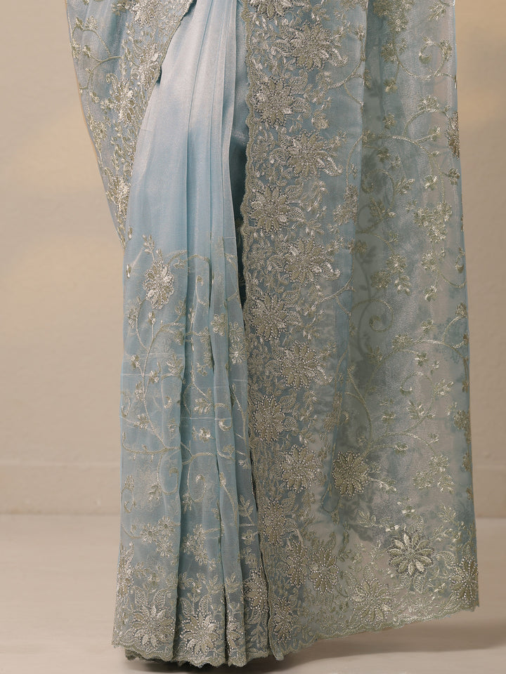 Blue Embroidered Nylon Sarees With Unstitched Blouse Piece