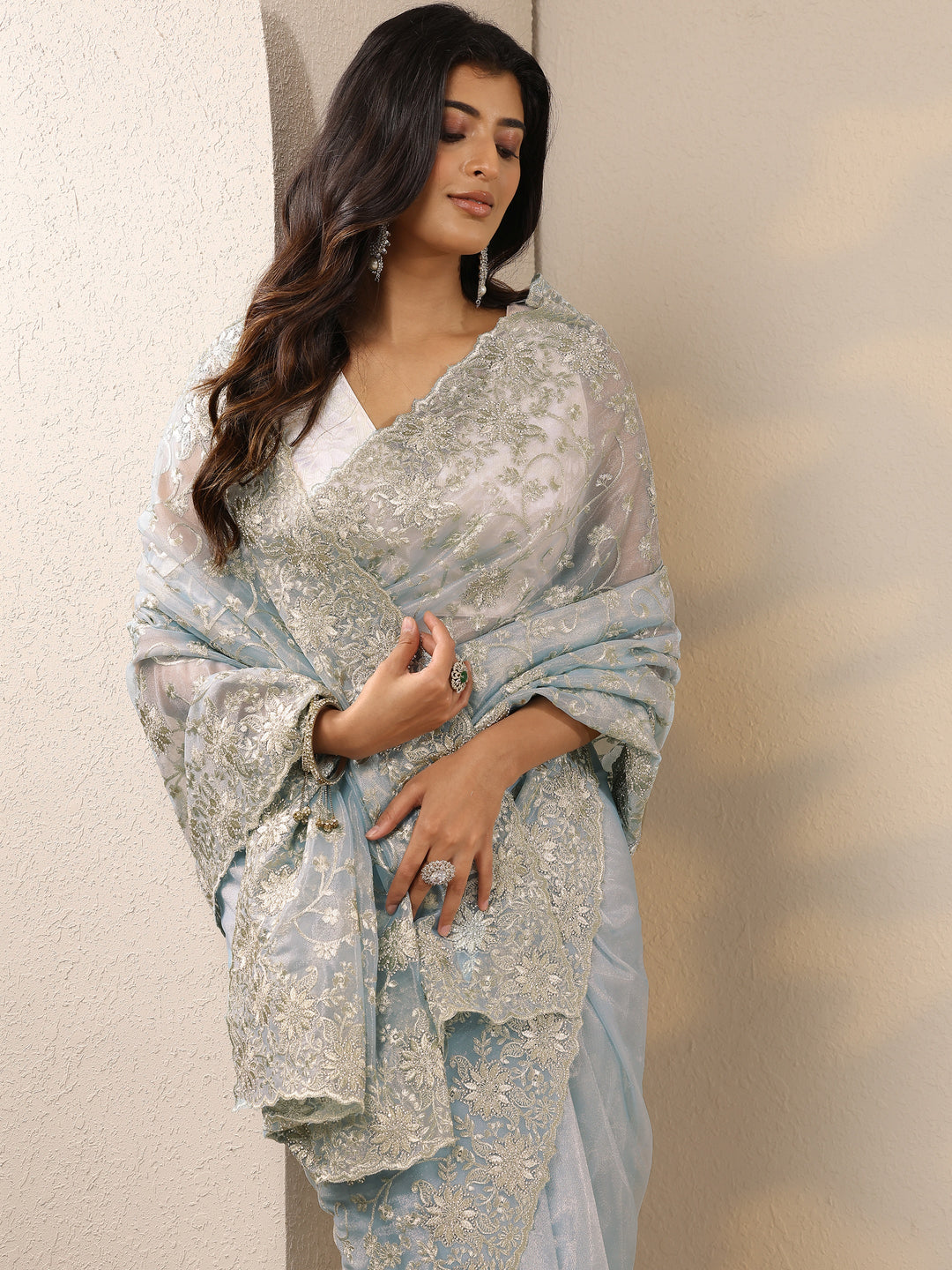 Blue Embroidered Nylon Sarees With Unstitched Blouse Piece