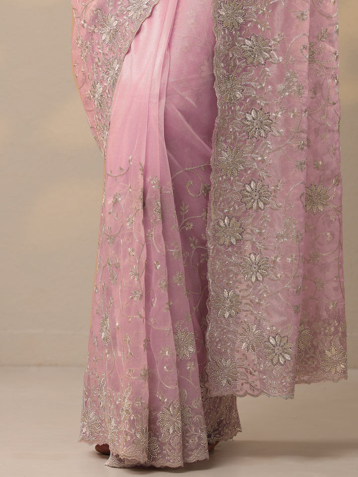 Pink Embroidered Nylon Sarees With Unstitched Blouse Piece