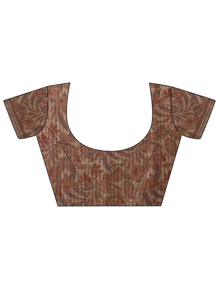 Brown Printed Silk Blend Saree With Unstitched Blouse Piece